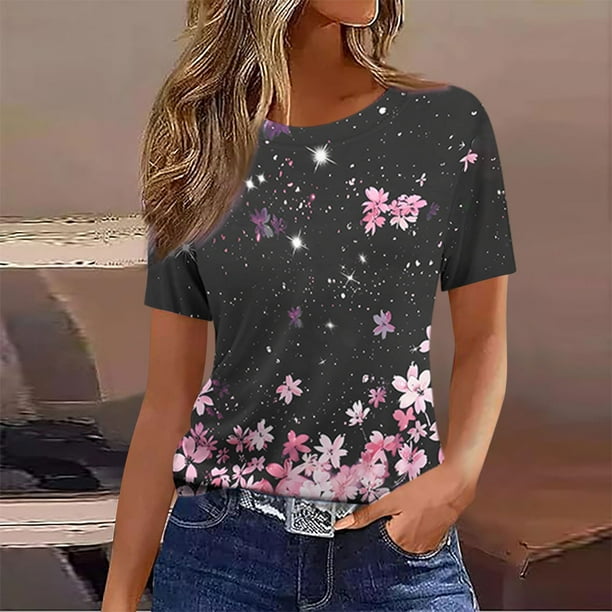 Puntoco Liquidación de camisetas cortas para mujer Camiseta estampada informal y de moda para mujer con cuello redondo y manga corta