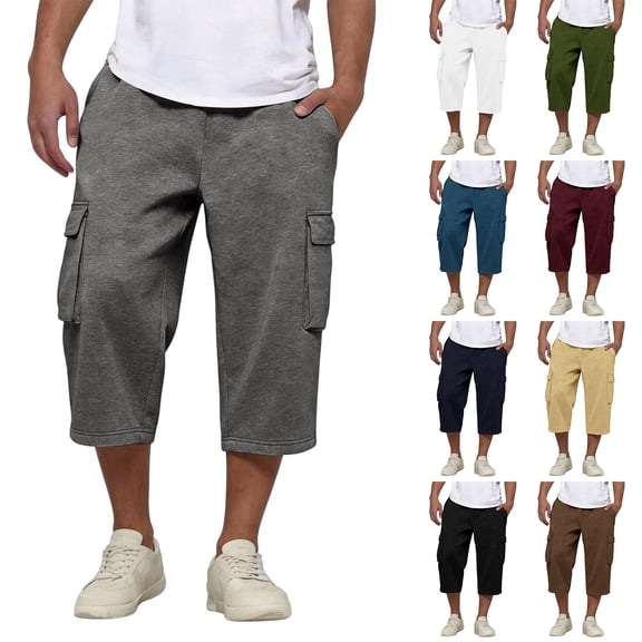 Mens Capri Pants Cargo Long 3/4 Shorts Below Knee Elastic Waist Multi-Pockets Casual Outdoor Travel Pants Khaki 3XL