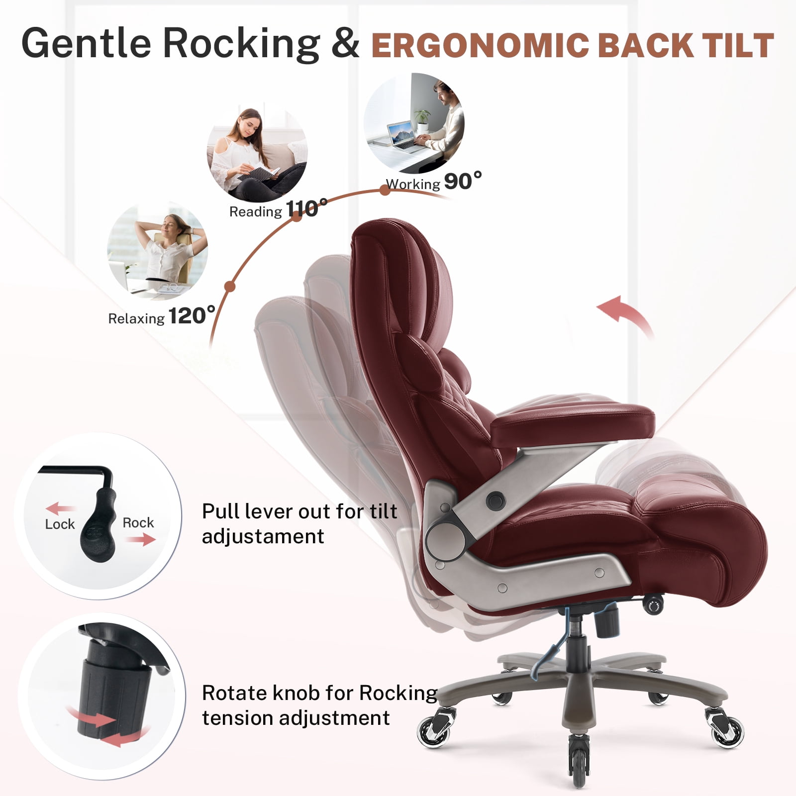 WOSDOM Big and Tall Office Chair 700lbs, Large High Back Executive Chair with Extra Wide Seat, Heavy Duty Rocking Computer Chair, 3D Flip Arms, Adjustable Lumbar Support, Burgendy