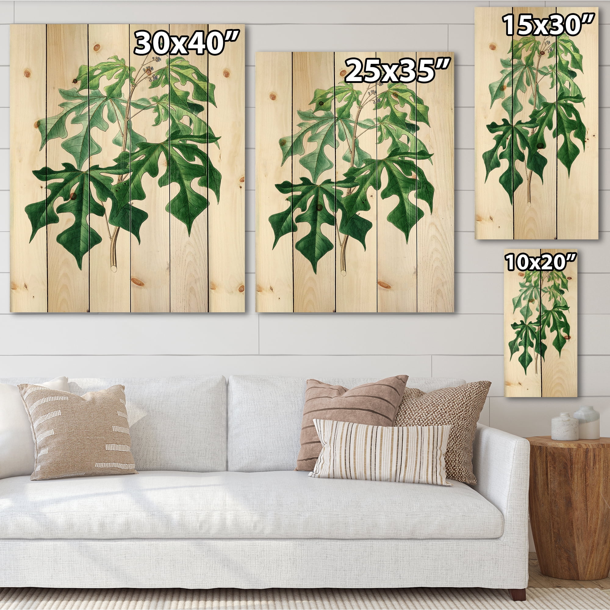 Designart 'Ancient Green Leaves Plants II' Traditional Print on Natural Pine Wood