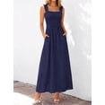 thumbnail image 2 of Navy Blue Womens Smocked Square Neck Sleeveless Eyelet Lace Cotton Maxi Dress For Spring Summer Beach, 2 of 6