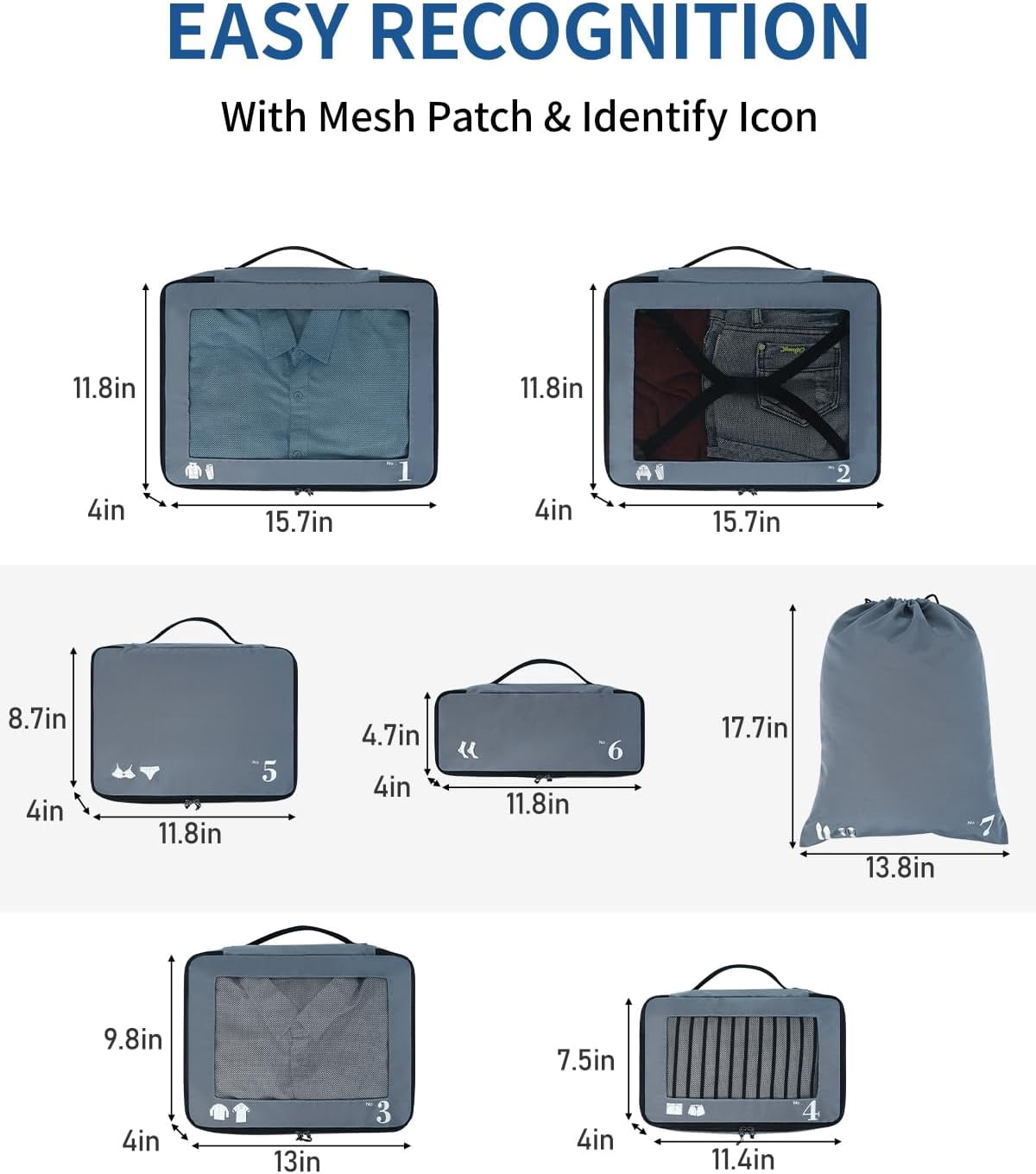 WANDF 7 Set Packing Cubes Travel Accessories,Tear-Resistant Luggage Packing Organizers with Number Icon, Machine Washable Suitcase Packing Cubes for Travel,Airplane,Camping(Grey Bag)