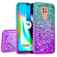 thumbnail image 2 of Moto E7 Plus Case, Moto G9 Play Case with Tempered Glass Screen Protector SOGA Diamond Liquid Quicksand Cover Cute Girl Women Phone Case - Teal / Purple, 2 of 5