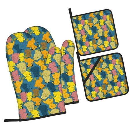 

Zeuib Retro Boho Elephants Oven Mitts and Potholders BBQ Gloves Kitchen Oven Glove High Heat Resistant 500 Degree Extra Long Oven Mitts and Potholder with Non-Slip Silicone Surface for Cooking
