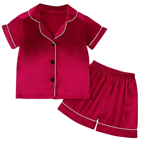 Odeerbi 1-8 Años Niños Niñas Pijama de Verano de Satén Con Solapa de Muesca Camisa de Manga Corta Pantalón Conjunto de Ropa de Dormir Suave