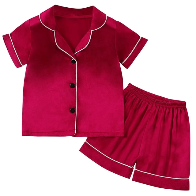 Odeerbi 1-8 Años Niños Niñas Pijama de Verano de Satén Con Solapa de Muesca Camisa de Manga Corta Pantalón Conjunto de Ropa de Dormir Suave