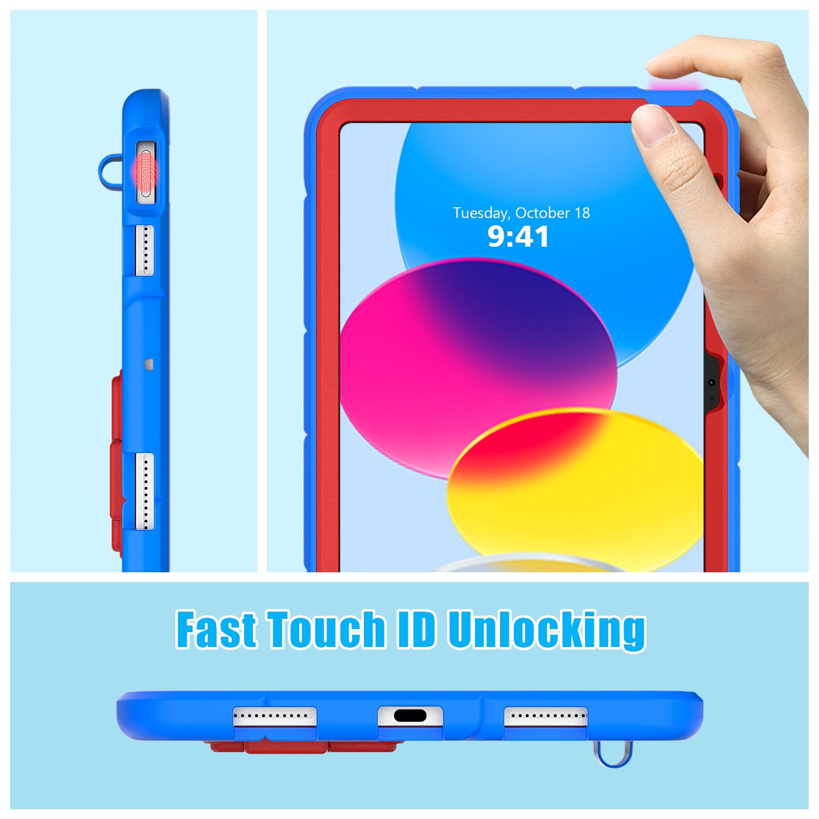 Kids Cases for iPad 10th Generation 2022,TECH CIRCLE Heavy Duty Shockproof Rugged Full Body Protective Sturdy Kickstands iPad 10.9 inch case with Pencil Holder for Kids Children Boys,Blue+Red