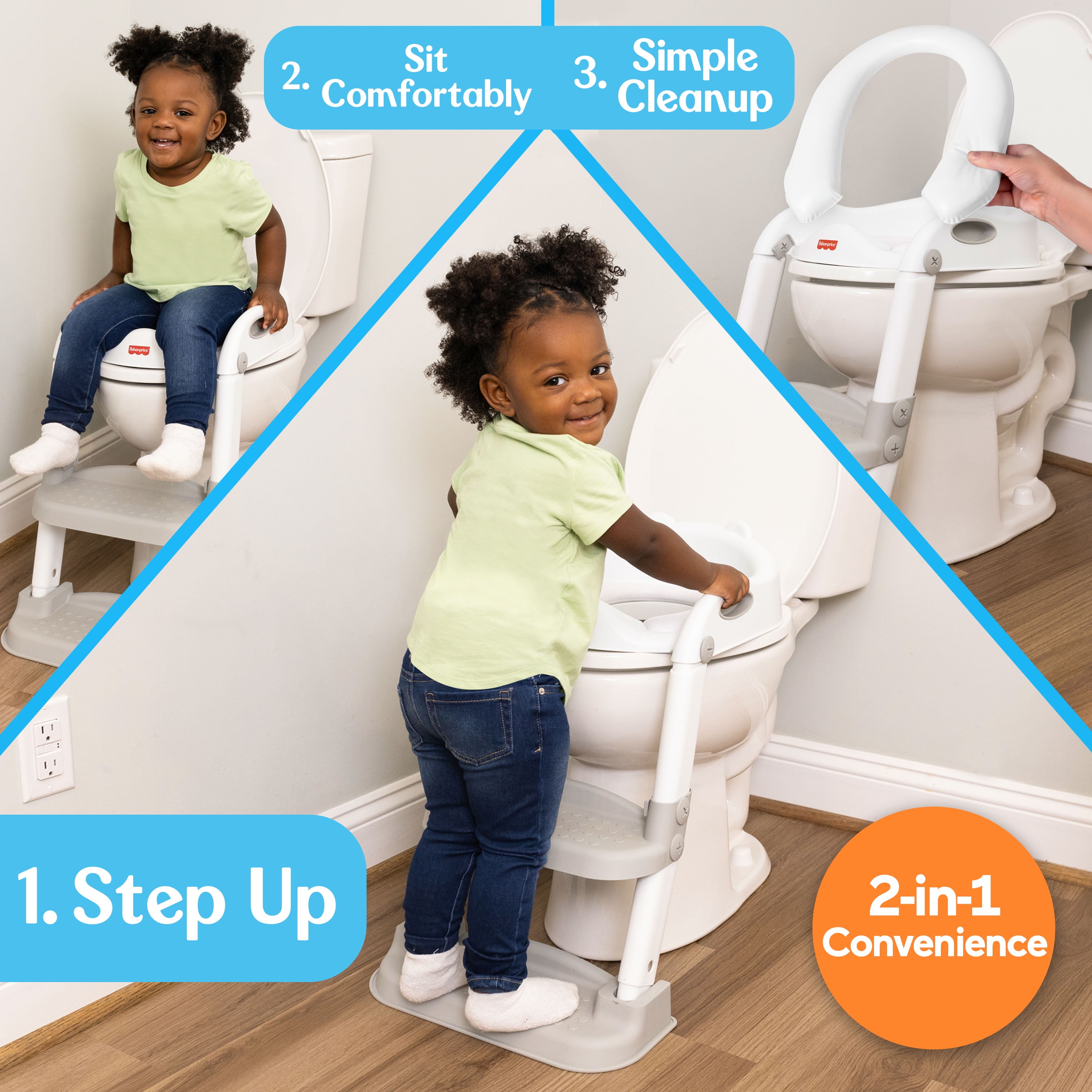 Fisher-Price™ Potty Training Seat with Step Stool Ladder, 2-in-1 Potty Training Toilet for Toddlers with Splash Guard, Anti-Slip Pads, Cushioned Seat (Gray), Children 18M and Up