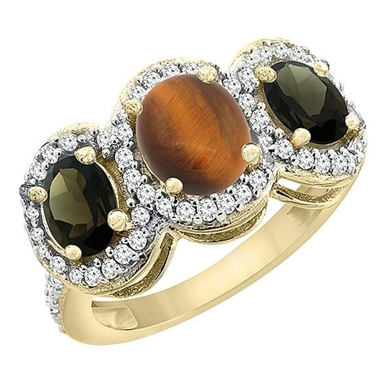 10K Yellow Gold Natural Tiger Eye & Smoky Topaz 3-Stone Ring Oval Diamond Accent, size 9.5