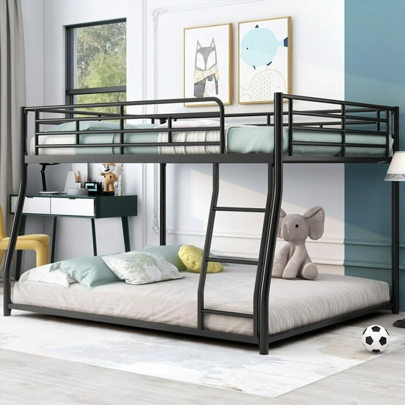Modern Metal Floor Bunk Bed - Full XL over Queen, Black