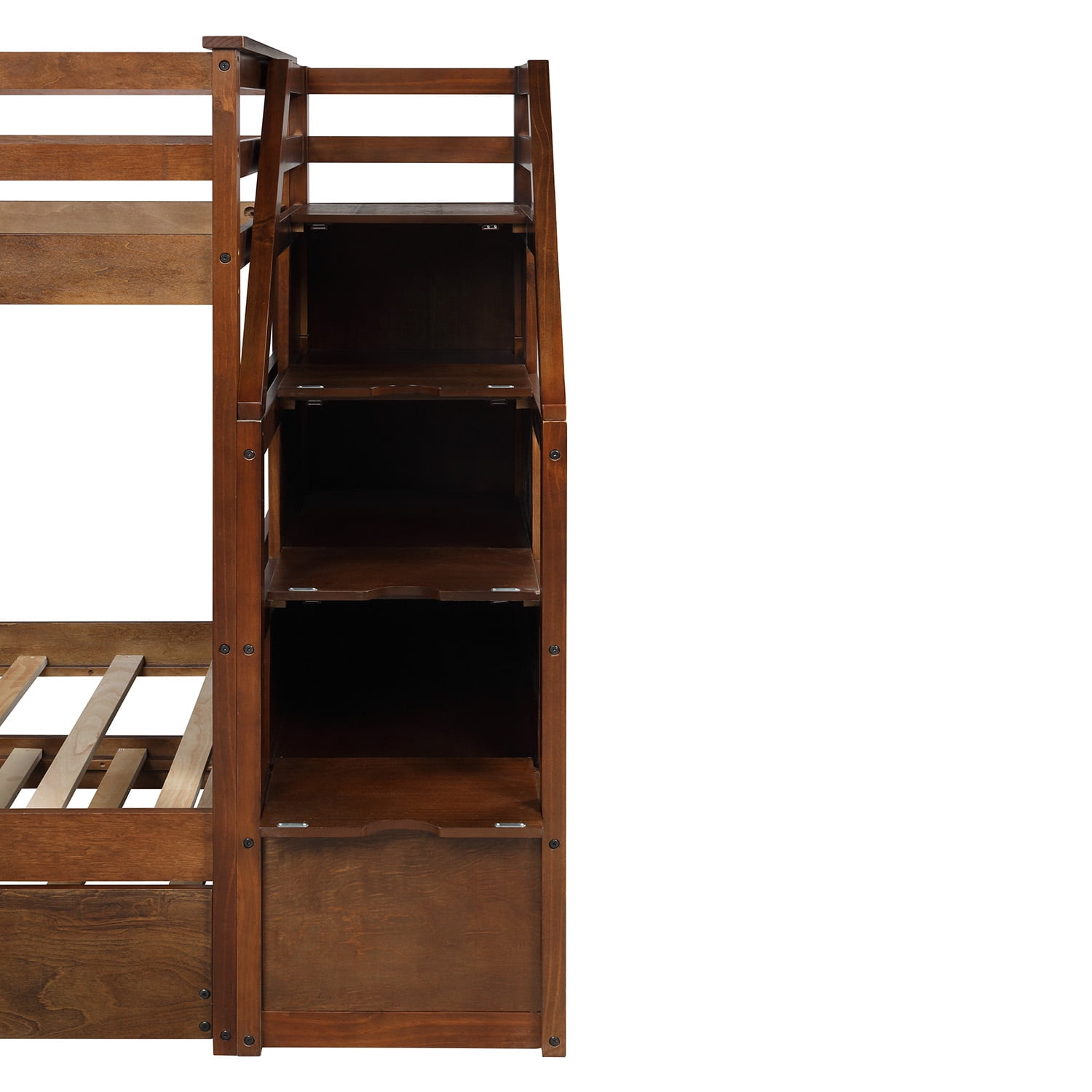 Twin-Over-Twin Bunk Bedd with Twin Size Trundle and 3 Storage Stairs-Walnut