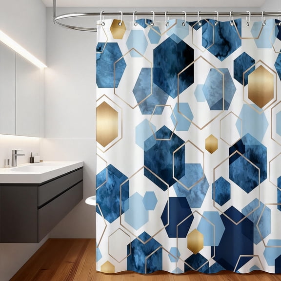 Auckpure Blue Geometric Shower Curtain 72 x 72 Inch, Modern Hexagon Pattern Bathroom Curtain with 12 Hooks