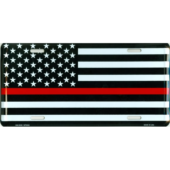 Thin Red Line USA Metal License Plate – 6x12 inch Black, White, and Red American Flag Auto Tag for Cars and Trucks – Recognize and Support The Courage of Firefighters, Fireman