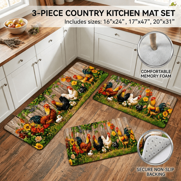 3 Piece Kitchen Rug Set, Anti Fatigue Kitchen Mats for Floor, Non Slip Washable Kitchen Rugs and Mats, Vintage Farmhouse Rooster Country Chicken Design