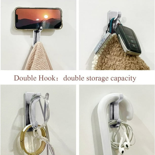 Fiudx Ganchos de Acero Inoxidable, Gancho de Pared Duradero de Acero 304, Juego de Perchas con Diseño de Doble Gancho, Soporte Adhesión Sin Taladro, Ideal para Baño, Cocina y Autocaravana, Ideal para