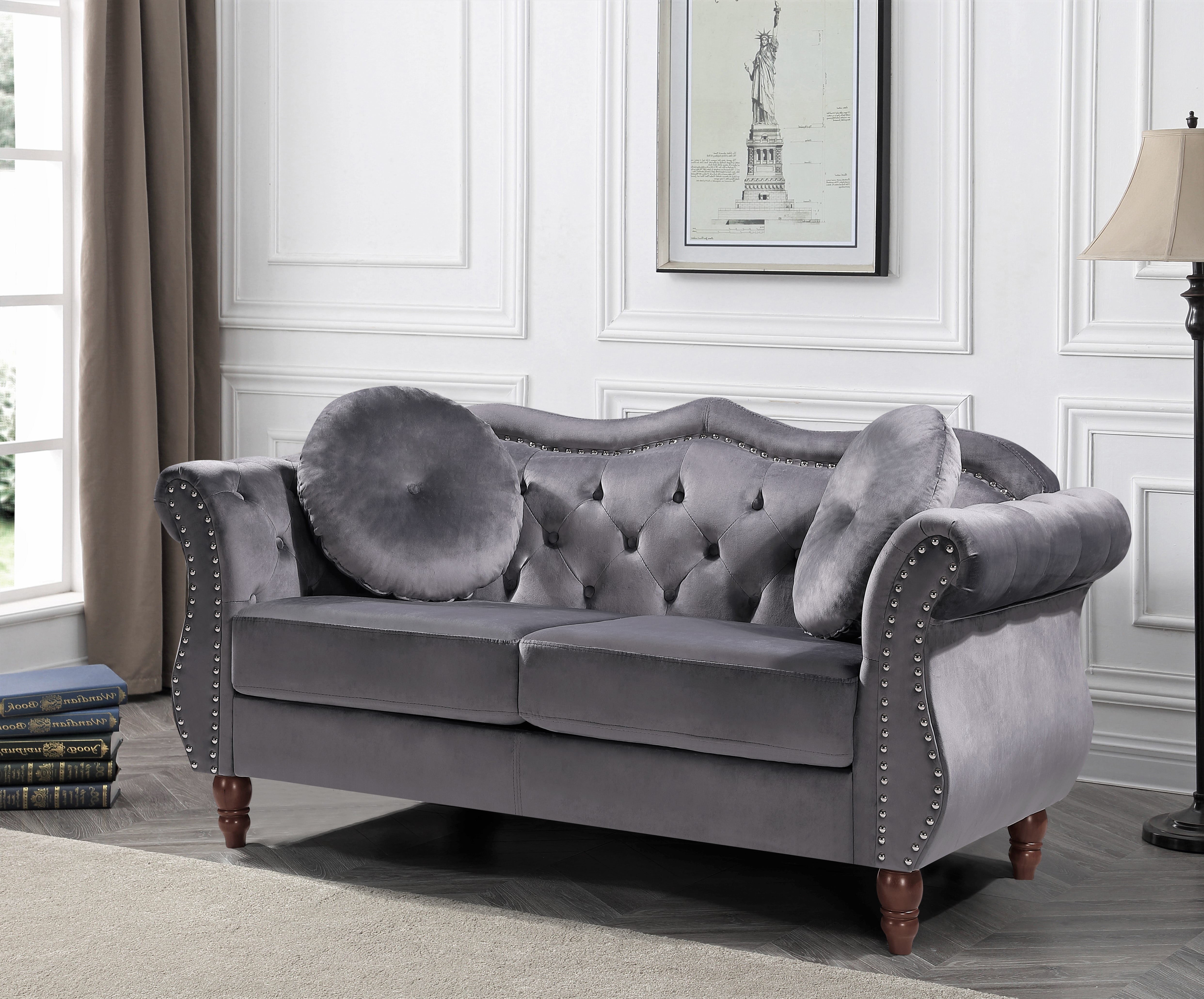 Uspridefurniture Tommy Chesterfield Velvet Loveseat,Gray