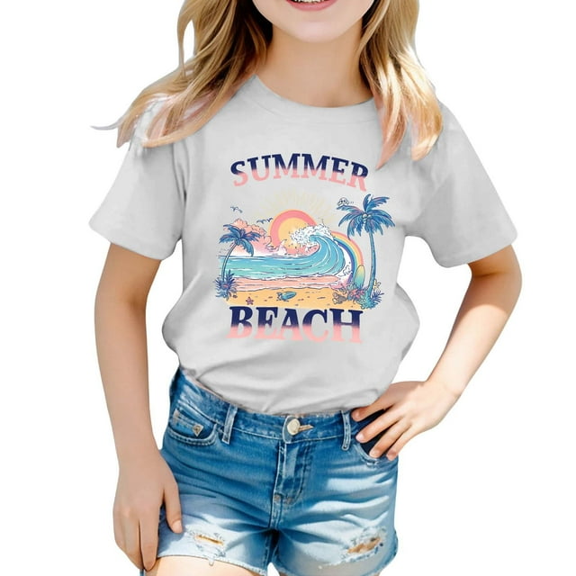 T-shirts pour Filles Col Rond Imprimé Manches Courtes Hauts d'Été pour Filles 3-4 Ans Vêtements pour Filles Mode
