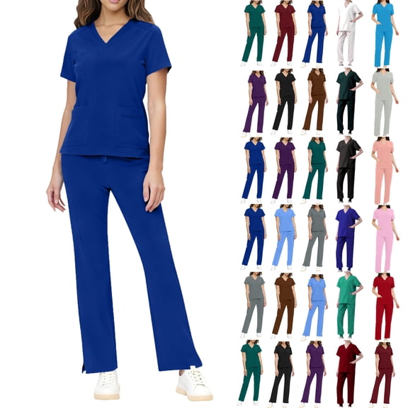 Scrub Sets for Woman Plus Size Short Sleeve V-Neck Solid Color Nursing Uniform Tops and Pants 2 Pieces with Pockets