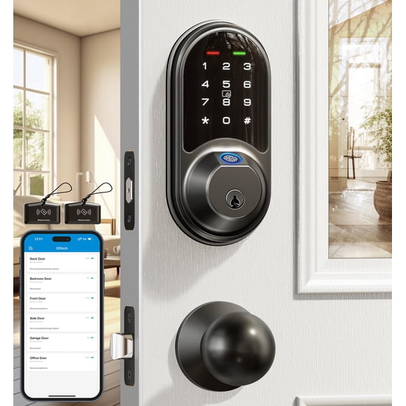 Veise Cerraduras inteligentes para puerta delantera, juego de manijas de 2 perillas, entrada sin llave con huella digital, cerradura de puerta biométrica con control de aplicaciones, cerrojo electróni