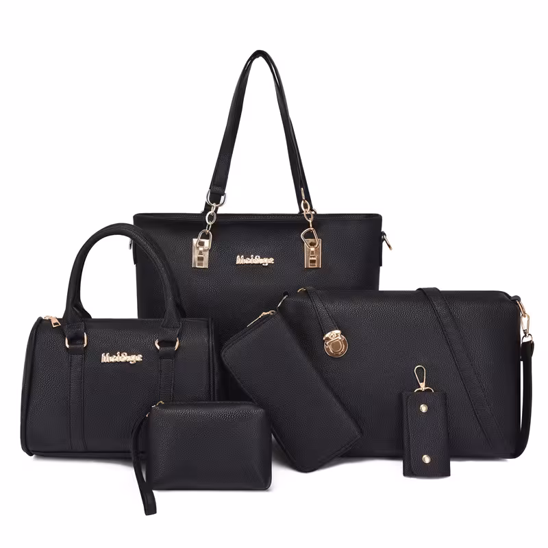 Black, variant on 6pcs Handbag Set - Large Capacity Multi-Functional Retro Crossbody Bags with Adjustable Strap, Golden-Tone Hardware & Zipper Closure, Bun-Shaped Shoulder Bags (Black) for, Travel, Everyday Use - Dura