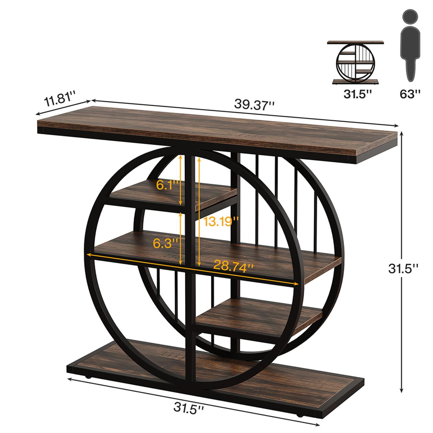 Demi Bonn 39" Console Table, 5-Tier Entryway Table Sofa Table with Circle Base for Hallway, Bedroom, Living Room, Brown