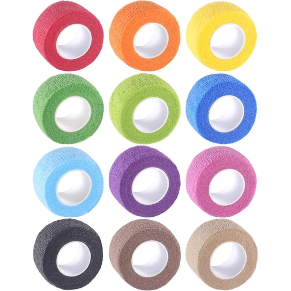 12-Pack Self Adhesive Bandage Wrap 1 Inch x 5 Yards, Elastic Athletic Tape, Tattoo Grip Tape, Non Woven Medical Tape for First Aid, Sports, Wrist, Ankle, Vet Wrap for Pets (Multi-Color) Multi-color