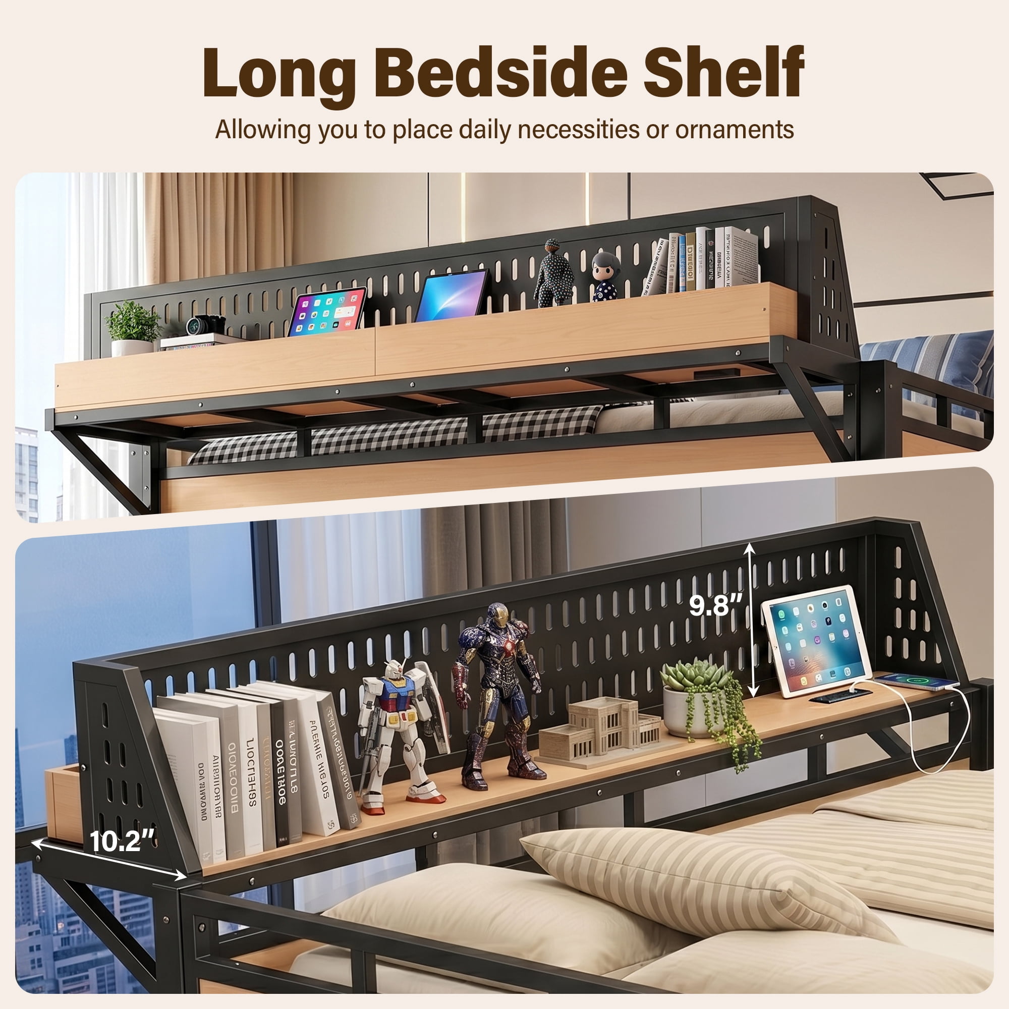 Aukfa Queen Size Metal Loft Bed with USB Charging Ports, LED Lights & Bedside Shelves, Space-Saving Bed Frame for Kids & Adults, Natural