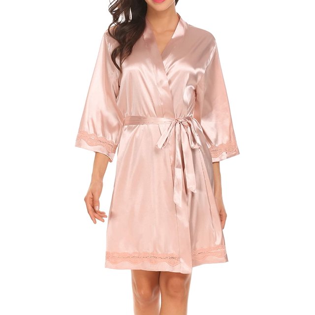 Women's Lace-Trim Kimono Style Short Satin Robe Sleepwear with 3/4 Sleeve