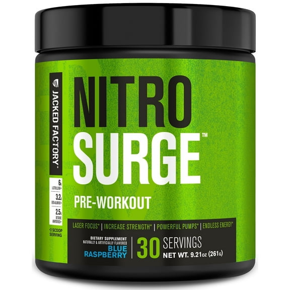 Nitrosurge Pre-Workout Powder - Endless Energy, Instant Strength Gains, Clear Focus & Intense Pumps - 30 Servings, Blue Raspberry
