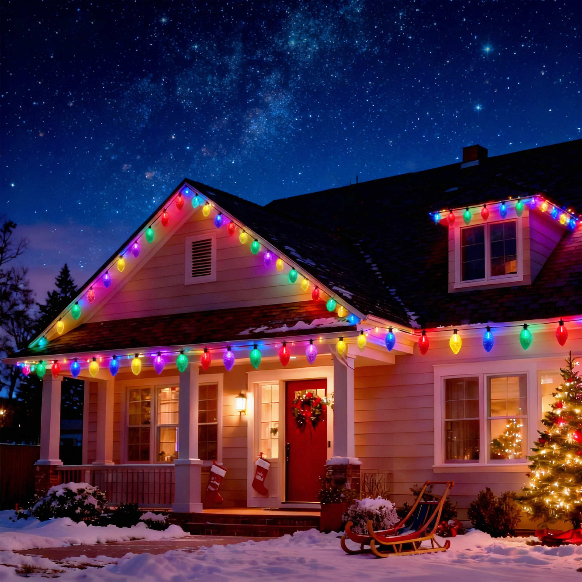 Beatineon 23ft C9 Faceted Pathway Lights, 12 Multicolor Christmas String Lights with 12 Ground Stakes, IP65 Waterproof Connectable Outdoor Decor, ETL Listed