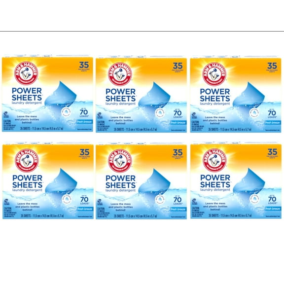 6 Pack - ARM & HAMMER Power Sheets Laundry Detergent, Fresh Breeze 35 ct, up to 70 small loads