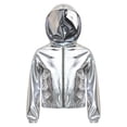 thumbnail image 4 of SiiRoh Kids Girls Hip Hop Hooded Jacket Sparkly Metallic Zipper Short Jacket Coat Outerwear Club Rave Performance Wear Silver 12, 4 of 5