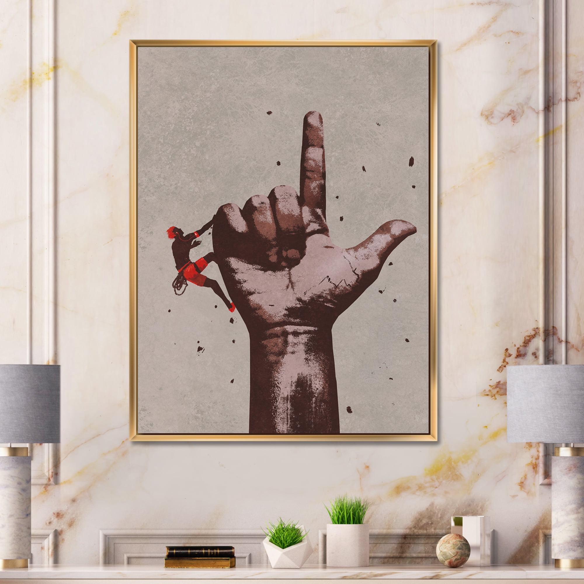 Climber With Finger Pointing Up Sign 16 in x 32 in Framed Painting Canvas Art Print, by Designart