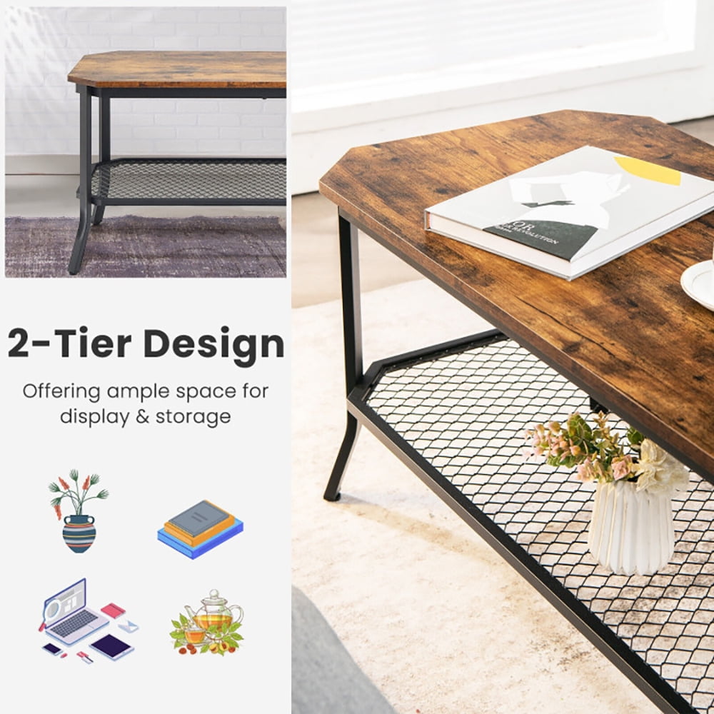 Finihen Rectangular Coffee Table, 2-Tier Cocktail Table, 2-Tier Industrial Coffee Table with Open Mesh Storage Shelf, for Living Room, Reception Room, Rustic Brown Finihen Rectangular Coffee Table, 2-Tier Cocktail Table, 2-Tier Industrial Coffee Table with Open Mesh Storage Shelf, for Living Room, Reception Room, Rustic Brown