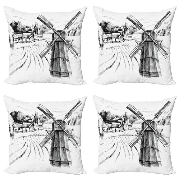 Ambesonne Landscape Throw Pillow Cover 4 Pack, Farm Town Houses Mill, 20", Black White