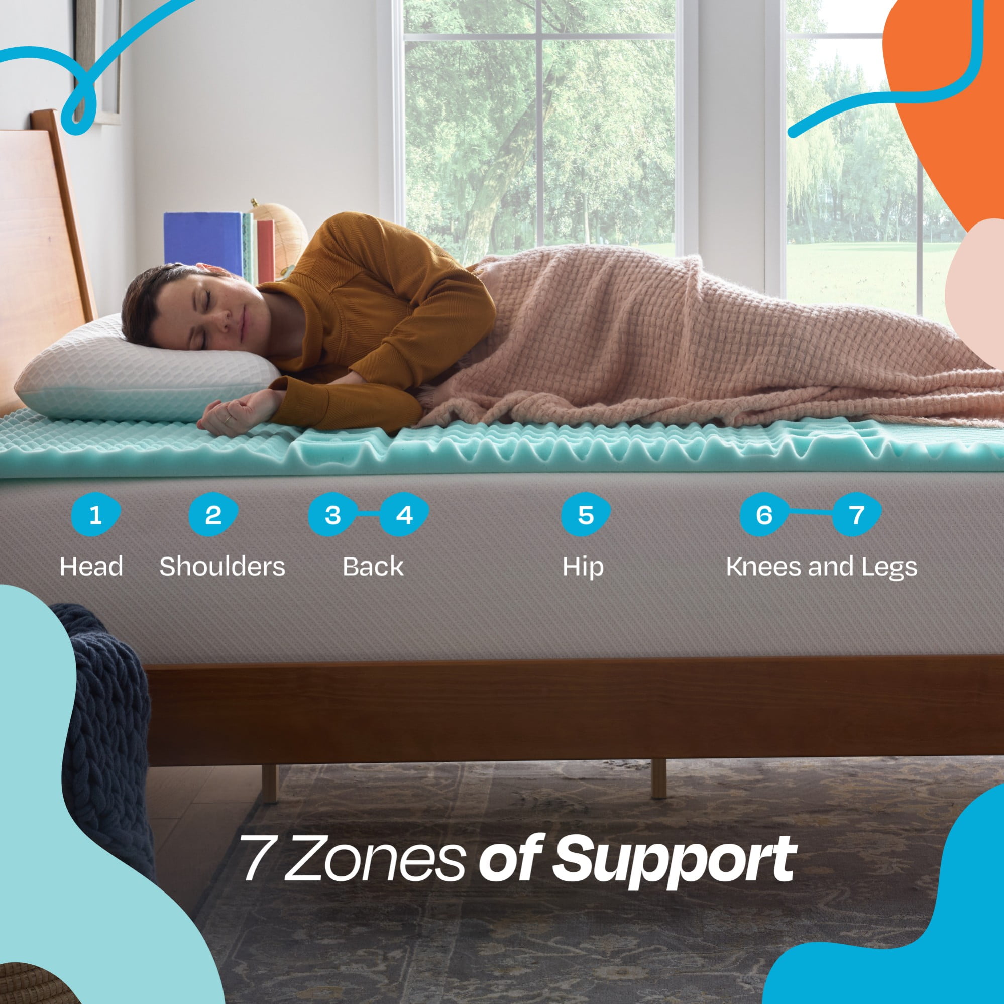 Linenspa 1.5" 7-Zone Cooling Gel and Green Tea Infused Memory Foam Mattress Topper, Queen