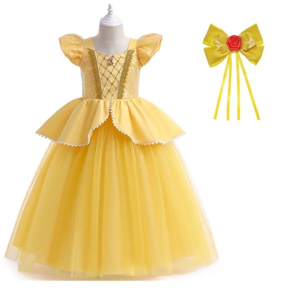 Belle Princess Dress w/Hair Clip for Girls Halloween Fancy-Dress Costume