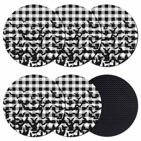 Halloween Coasters Set of 6 Absorbent Coasters for Drinks Black White Plaid Horror Bat Spooky Halloween Coaster for Desk Coffee Table Protection Home Decor House Warming Gifts 4