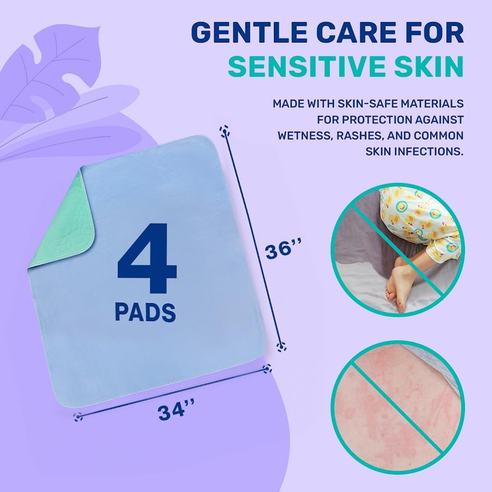4 Pack 36” x 34” Extra Heavy Absorbency Washable Underpads, Waterproof Nursing Pads Incontinence Bed Pads, Reusable Washable Pee Pads for Dogs, Diaper Changing & Adults, Mattress Protector