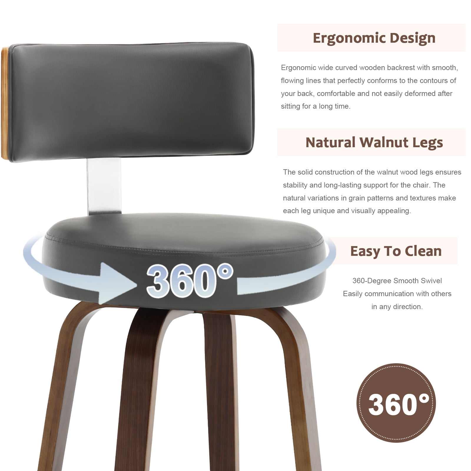 ANMINY Bar Stools Set of 2 360° Swivel with Back and Round Seat PU Leather Barstools 26" Bar Height Upholstered Bar Chairs Island Stools for Kitchen Counter