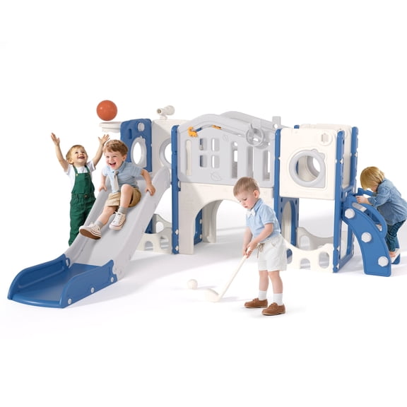 XJD 11 in 1 Toddler Slide PlaySet for kids indoor/outdoor for Toddlers Age 1-3, Blue & Gray