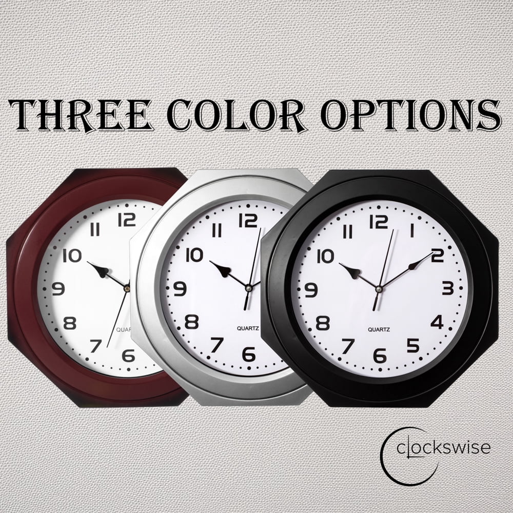Clockswise 12-in Non-Ticking Octagon Plastic Analog Wall Clock - Elegant Decorative Accent for Home Décor in Bedroom, Bathroom, Living Room, Dining Room, Entryway, Hallway, Kitchen or Office, Silver