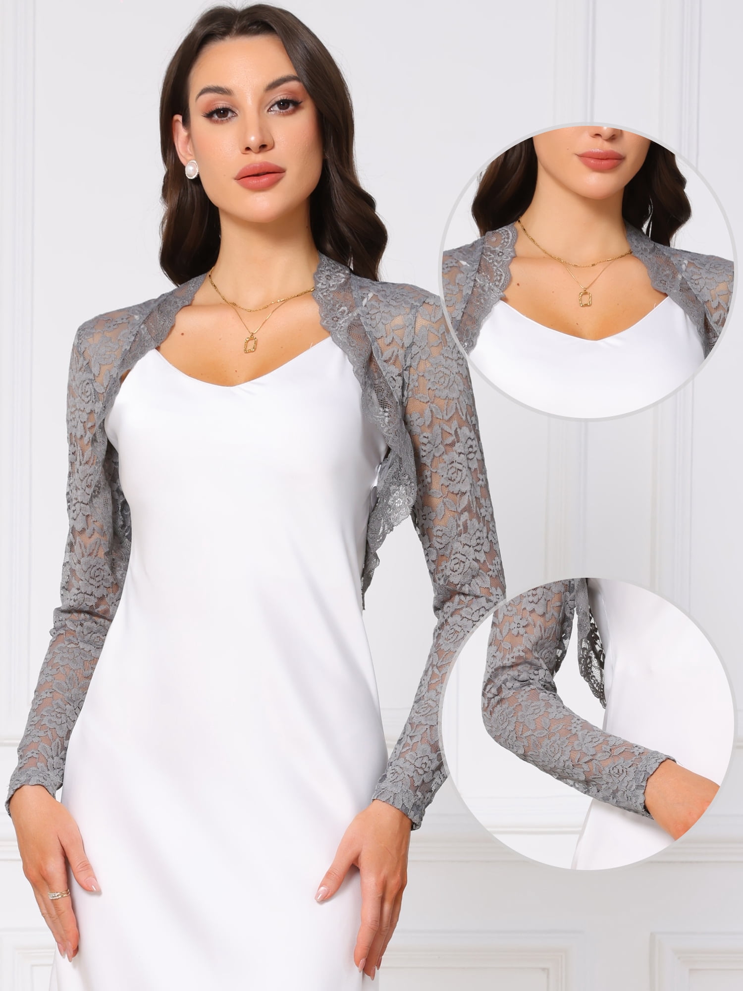 DARING DIVA Women's Floral Bolero Shrug Long Sleeve Sheer Cropped Lace Cardigan XL Gray