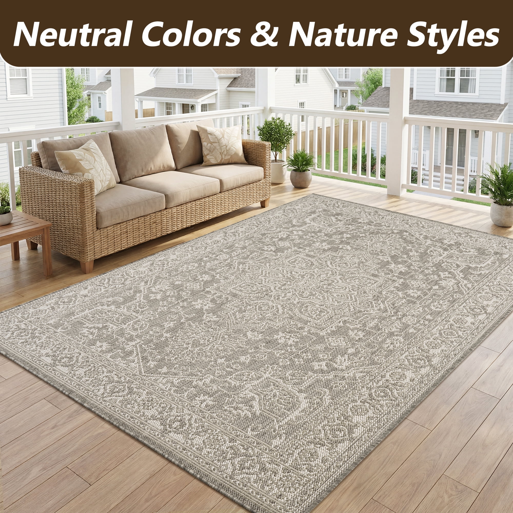 SIXHOME 4'x6' Outdoor Rug, Farmhouse Medallion Patio Rug, Indoor Outdoor Polypropylene Weave Textured Carpet, Water-Resistant, Quick-Dry Rug for Porch, Balcony, RV, Garden, Neutral Gray
