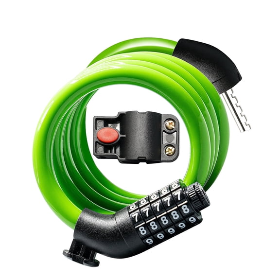 Secure Lock 5-Digit Resettable Combination Cable Bike Lock with Mounting Bracket, High Security Anti-Theft for Bikes and Scooters - Green