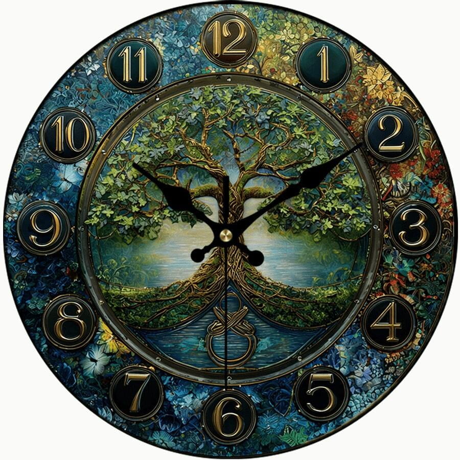 Celtic Tree of Life Round Wall Clock, Silent Non-Ticking Boho Decor Clock, Ornate Stained Glass Style Decor for Living Room Bedroom Meditation Home