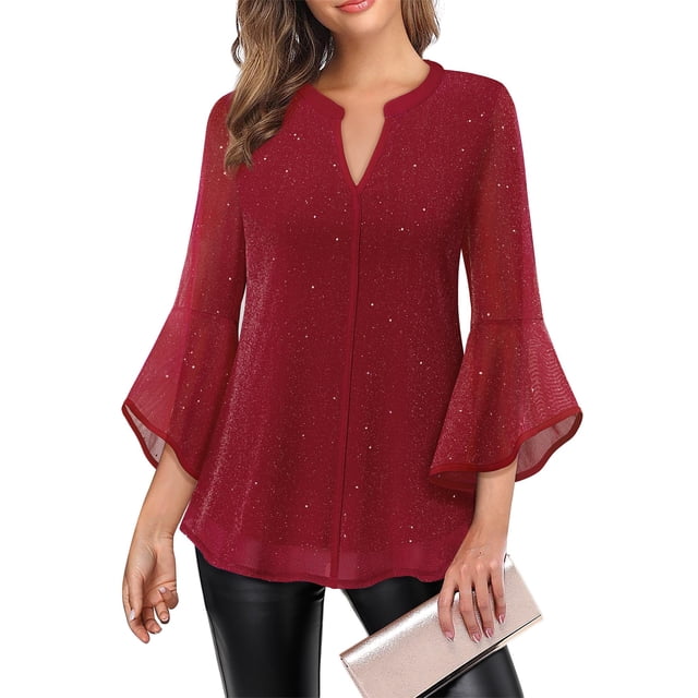 Blusa VALOLIA Dressy para mujer con mangas acampanadas 3/4, color rojo, talla L