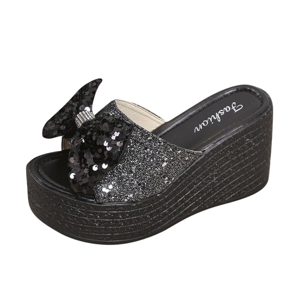 Amzcrzy Zapatos de mujer,Zapatos de mujer,Zapatillas de mujer, Zapatos de mujer con tacón inclinado, lentejuelas y lazo de suela gruesa con zapatillas de playa transpirables Sandalias Mujer Zapatilla