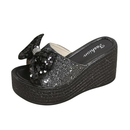 

Womens Wedge High Heels Slides Sandals Glitter Rhinestone Sequin Big Bow Open Toe Slip On Dress Platform Slippers