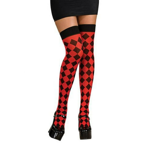 Women's Sexy Black and Red Harlequin Checkered Thigh Highs Costume Stockings